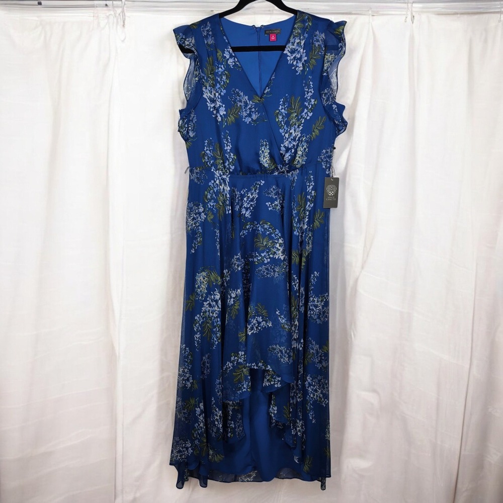 NWT‎ Vince Camuto Floral Beauty Dress Blue Dusk Women's Size 10 High Low Ruffle